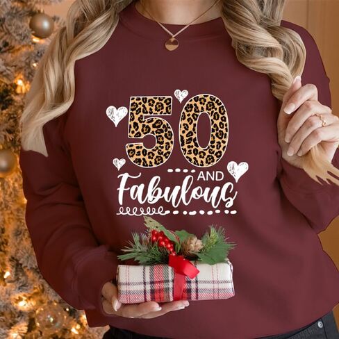 Leopard 50 and Fabulous 50th Birthday Gifts Women Graphic Sweatshirt Long Sleeve Party Shirts in Kuwait