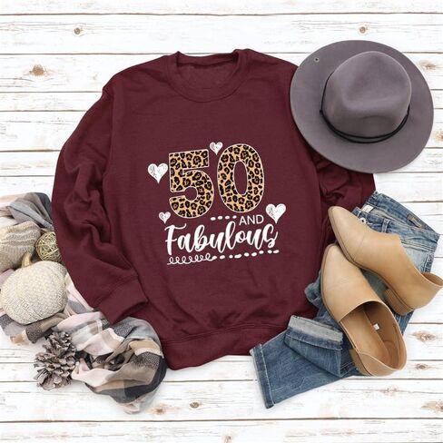 Leopard 50 and Fabulous 50th Birthday Gifts Women Graphic Sweatshirt Long Sleeve Party Shirts in Kuwait
