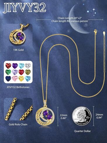14K GOLD MOON و Star Necklace Gifts for Women - Double Heart Birthstone Necklace ، Wedding Anniversary Homings for Home Mom Mom Momnma Sister Sister in Kuwait