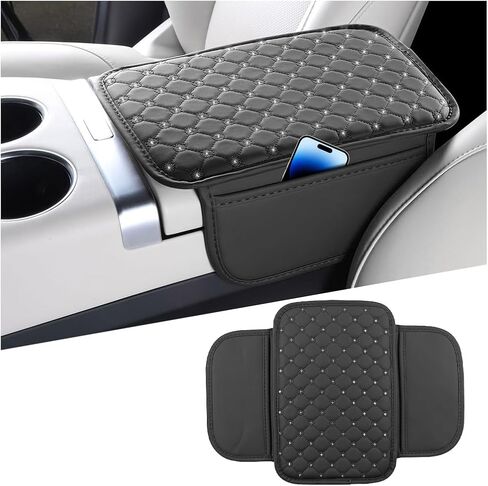 Bling Car Center Console Cover, Leather Crystal Rhinestone Vehicle Armrest Cushion Pad with Side Storage Bags, Scratch Resistant Auto Middle Console Protection Mat, Universal Fit (Black) in Saudi Arabia