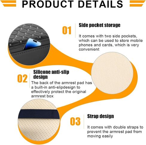 Bling Car Center Console Cover, Leather Crystal Rhinestone Vehicle Armrest Cushion Pad with Side Storage Bags, Scratch Resistant Auto Middle Console Protection Mat, Universal Fit (Black) in Saudi Arabia
