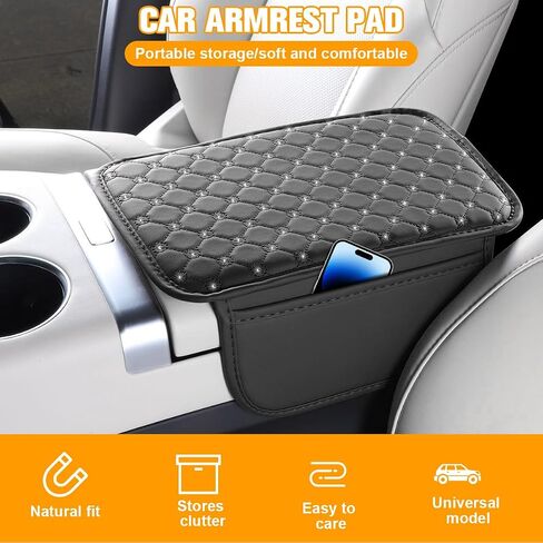 Bling Car Center Console Cover, Leather Crystal Rhinestone Vehicle Armrest Cushion Pad with Side Storage Bags, Scratch Resistant Auto Middle Console Protection Mat, Universal Fit (Black) in Saudi Arabia