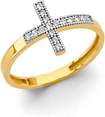 14k Two Tone Gold Side Way Cross CZ Ring in Saudi Arabia