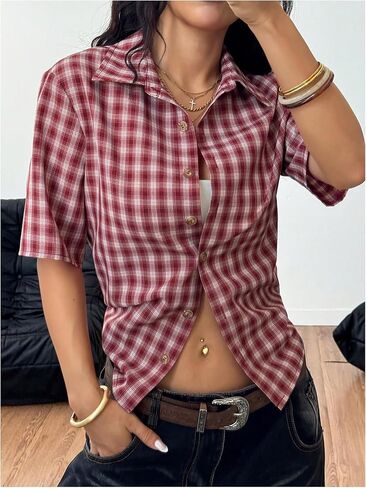Milumia Women's Y2k Plaid Print Collared Button Shirt Short Sleeve Crop Tops Preppy Clothes Streetwear in Saudi Arabia
