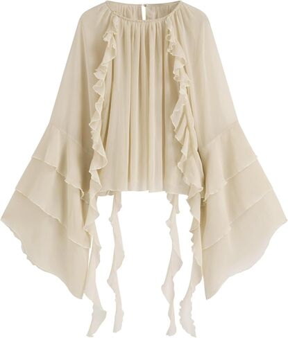 CIDER Womens Blouse Dressy Casual Crew Neck See Through Ruffle Hem Bell Sleeve Loose Fit Chiffon Blouse in Saudi Arabia