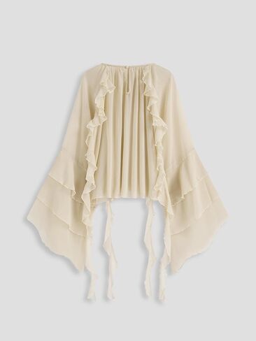 CIDER Womens Blouse Dressy Casual Crew Neck See Through Ruffle Hem Bell Sleeve Loose Fit Chiffon Blouse in Saudi Arabia