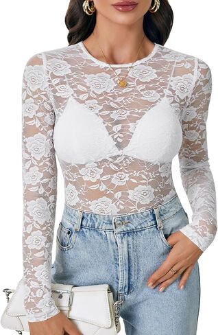 LYANER Women's Sexy Mesh Top Floral Long Sleeve See Through Shirt Lace Sheer Blouses in Saudi Arabia
