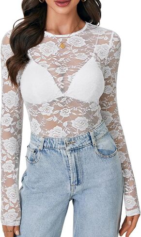 LYANER Women's Sexy Mesh Top Floral Long Sleeve See Through Shirt Lace Sheer Blouses in Saudi Arabia