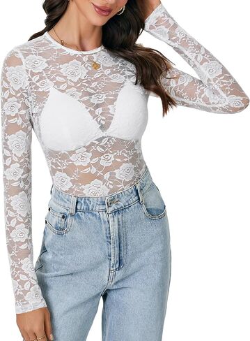 LYANER Women's Sexy Mesh Top Floral Long Sleeve See Through Shirt Lace Sheer Blouses in Saudi Arabia