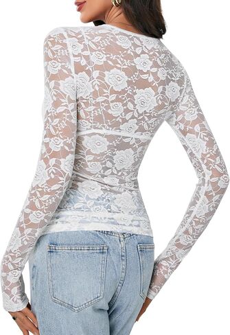 LYANER Women's Sexy Mesh Top Floral Long Sleeve See Through Shirt Lace Sheer Blouses in Saudi Arabia