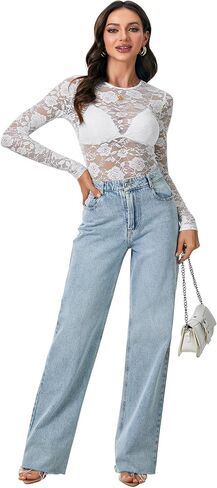 LYANER Women's Sexy Mesh Top Floral Long Sleeve See Through Shirt Lace Sheer Blouses in Saudi Arabia