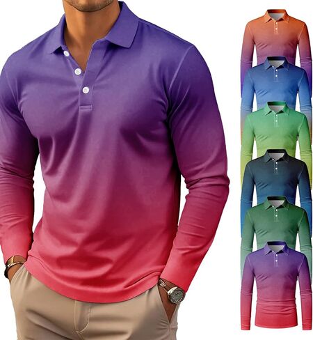 6 Pack Men's Gradient Color Block Polo Shirt Long Sleeve Fashion Casual Golf Shirt Breathable Moisture Wicking Collared Top in Saudi Arabia