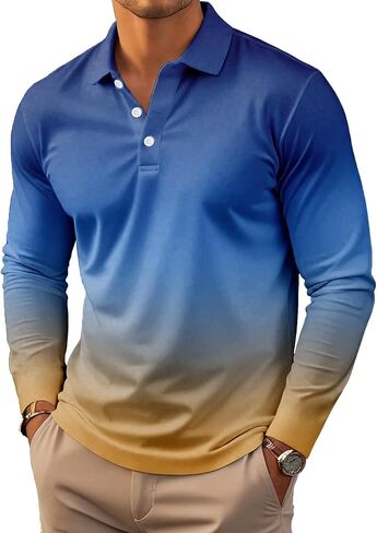 6 Pack Men's Gradient Color Block Polo Shirt Long Sleeve Fashion Casual Golf Shirt Breathable Moisture Wicking Collared Top in Saudi Arabia