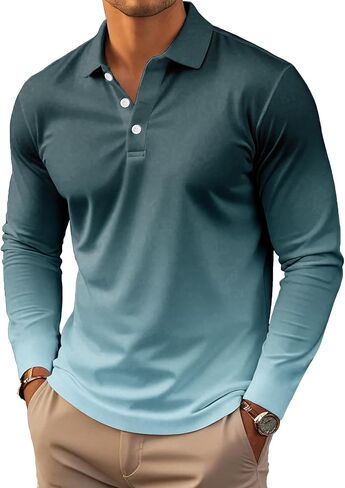 6 Pack Men's Gradient Color Block Polo Shirt Long Sleeve Fashion Casual Golf Shirt Breathable Moisture Wicking Collared Top in Saudi Arabia