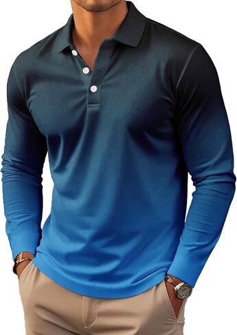 6 Pack Men's Gradient Color Block Polo Shirt Long Sleeve Fashion Casual Golf Shirt Breathable Moisture Wicking Collared Top in Saudi Arabia