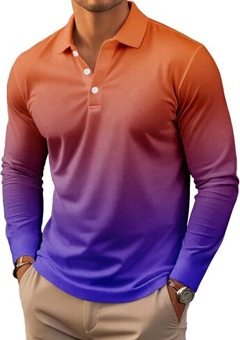 6 Pack Men's Gradient Color Block Polo Shirt Long Sleeve Fashion Casual Golf Shirt Breathable Moisture Wicking Collared Top in Saudi Arabia