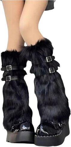 WDIRARA Women's Fuzzy Leg Warmers Buckle Faux Fur Long Boot Cuffs Covers Y2k Goth Socks in Saudi Arabia