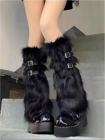 WDIRARA Women's Fuzzy Leg Warmers Buckle Faux Fur Long Boot Cuffs Covers Y2k Goth Socks in Saudi Arabia