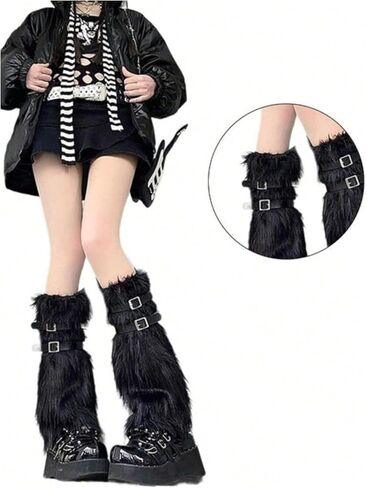 WDIRARA Women's Fuzzy Leg Warmers Buckle Faux Fur Long Boot Cuffs Covers Y2k Goth Socks in Saudi Arabia