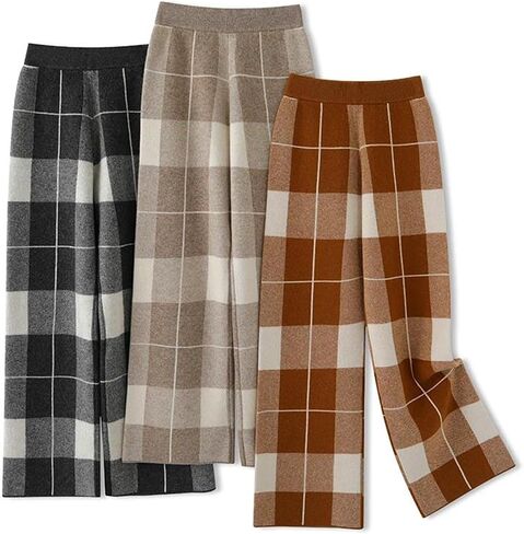 Women's Plaid Pattern Cashmere Pants Knit Wide Leg Casual 100 Percent Merino Wool Color Block Fashion Trousers in Saudi Arabia