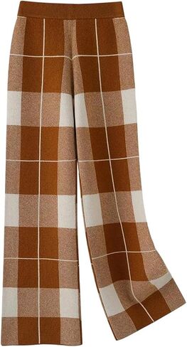 Women's Plaid Pattern Cashmere Pants Knit Wide Leg Casual 100 Percent Merino Wool Color Block Fashion Trousers in Saudi Arabia