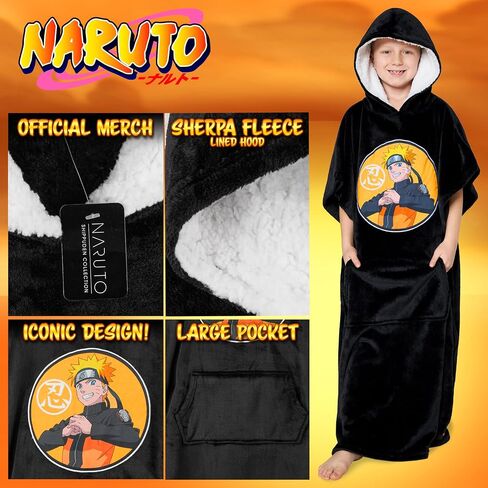 Naruto Fleece Hoodie Blanket for Boys and Teenagers - One Size Kids Fleece Poncho with Sherpa-Lined Hood Gifts for Boys in Saudi Arabia