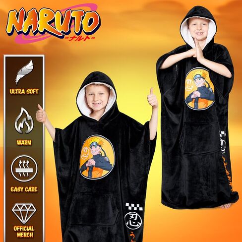 Naruto Fleece Hoodie Blanket for Boys and Teenagers - One Size Kids Fleece Poncho with Sherpa-Lined Hood Gifts for Boys in Saudi Arabia