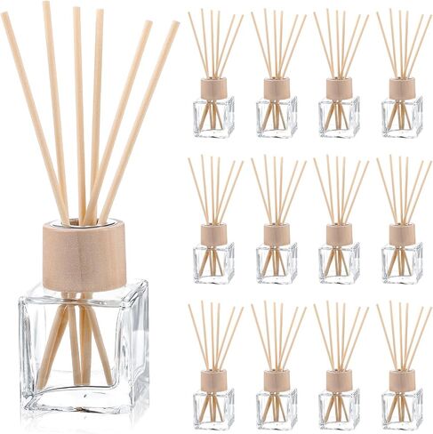12 Set Reed Diffuser Bottle Empty Fragrance Glass Diffuser Bottles Refillable Diffuser Bottles Set with Wooden Caps Rattan Sticks 50ml 1.7 Oz Glass Jars for Home in Saudi Arabia