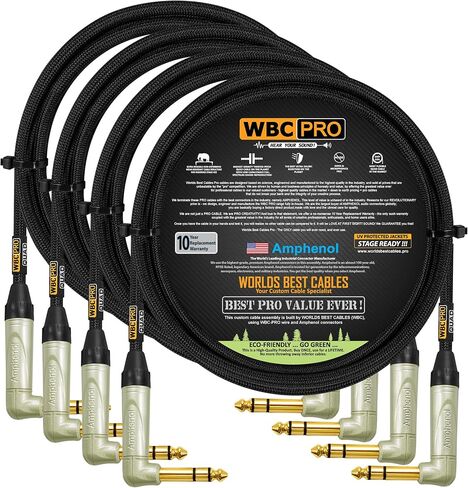 20 Foot - WBC-PRO-Quad Ultra-Silent Ultra-Flexible Balanced Star-Quad Cable with Amphenol QS3R-AU ¼ Inch (6.35mm) Gold Right-Angled TRS Stereo Phone Plugs & Black Tweed Jacket in Kuwait