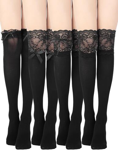 4 Pairs Womens Lace Knee High Socks Calf Socks with Bow Knot Lace Trim Long Boot Stockings Lolita Silky Stockings in Saudi Arabia