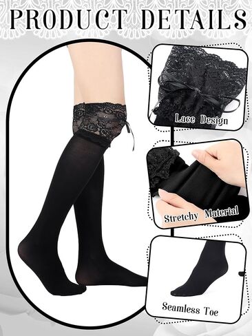 4 Pairs Womens Lace Knee High Socks Calf Socks with Bow Knot Lace Trim Long Boot Stockings Lolita Silky Stockings in Saudi Arabia