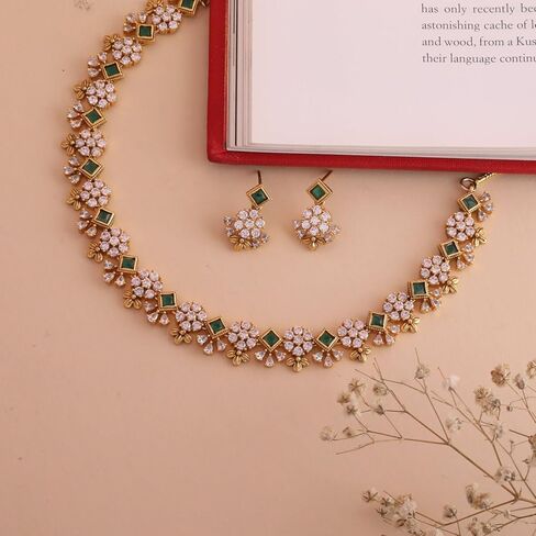 TARINIKA Dalika Nakshatra CZ Short Necklace Set with Floral Design - Indian Jewelry Sets for Women | Perfect for Casual Occasions | Traditional South Indian Necklace | 1 Year Warranty* in Kuwait