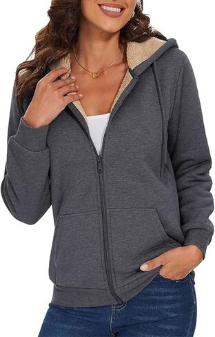 zip up hoodie women fleece sherpa مبطن سترة خريف شتاء معطف الملابس العصرية غير الرسمية in Kuwait