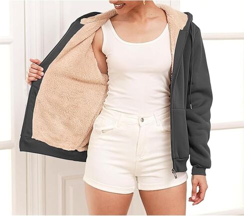 zip up hoodie women fleece sherpa مبطن سترة خريف شتاء معطف الملابس العصرية غير الرسمية in Kuwait