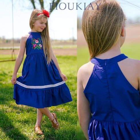 fioukiay Girls Mexican Floral Embroidered Dress Halter Neck Sleeveless Ruffle Party Long Maxi Dresses in Kuwait