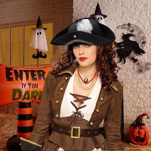 Adult Tricorn Pirate Hat with Feather for Halloween, Black Pirate Captain Hat for Colonial Revolutionary, for Women Men Kids in Saudi Arabia