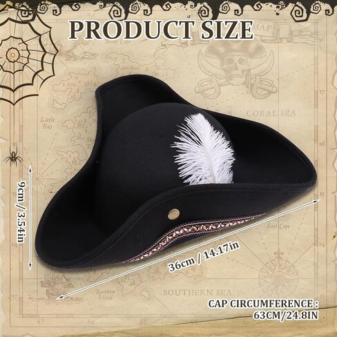 Adult Tricorn Pirate Hat with Feather for Halloween, Black Pirate Captain Hat for Colonial Revolutionary, for Women Men Kids in Saudi Arabia