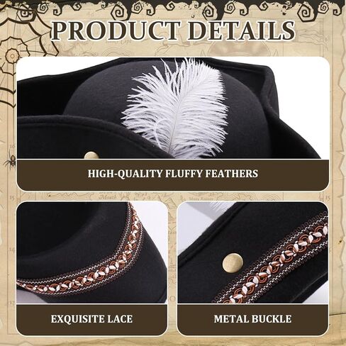 Adult Tricorn Pirate Hat with Feather for Halloween, Black Pirate Captain Hat for Colonial Revolutionary, for Women Men Kids in Saudi Arabia