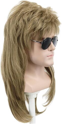 yuehong Long Curly Brown Mullet Wig 70s80s Disco Rock Costume Hair Soft Breathable Heat Resistant Synthetic Fibers Wig(Brown) in Kuwait