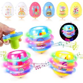 Light Up Easter Eggs Toy Gifts for Kids, 6 Cute Easter Egg Spinning Tops with Flash & Music, Easter Basket Stuffers, Easter Eggs Hunt Prize, Kids Goodie Bag Fillers, Party Favor Novelty Bulk Toys