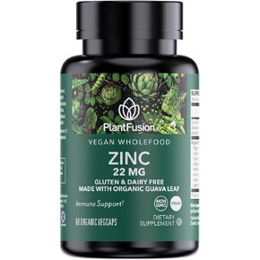 PlantFusion Vegan Zinc Supplements 22 mg – Wholefood Complex, Chelated Zinc Citrate from Organic Guava Leaf for Immune Support, 60 Capsules