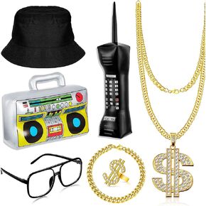 80s 90s Hip Hop Costume Outfit Kit Mobile Phone Inflatable Radio Box Necklace Bracelet Ring Glasses Hat Rapper Costumes Accessories Set