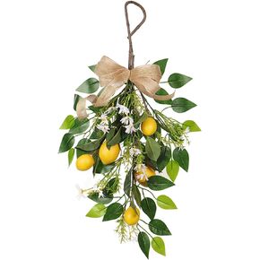 Artificial Lemon Teardrop Swag 24 Inch Decorative Swag with Lemons Bows and Green Leaves Spring Summer Fruit Wreath for Front Door Indoor Outdoor Window Home Decor