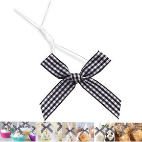 50 PCS 3 Inch Twist Tie Bows, Gingham Ribbon Bows for Treat Bags, Pre Tied Bows with Wire, Checkered Ribbon Bows Ties for Gift Bags, Popcorn Cookie Bags, Party Favors (Black and White Plaid)
