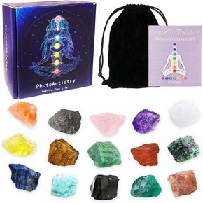 15Pcs Healing Crystal Set, Healing Crystals and Stones, Real Rough Raw Chakra Crystal and Healing Stones Set, for Healing, Yoga, Reiki, Meditation