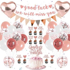 Rose Gold Farewell Party Decorations, Good Luck We Will Miss You Banner Balloon, Cupcake Toppers, Coworker Leaving Graduation Goodbye Going Away Farewell Party Supplies