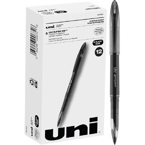 uniball Air Porous Roller Ball Pen, Stick, Medium 0.7 Mm, Blue Ink, Black Barrel, Dozen