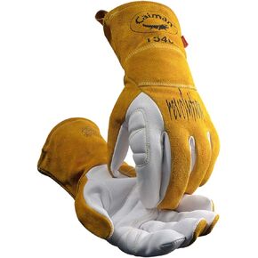 Caiman Premium Goat Grain TIG/Multi-task Welding Gloves, Split Cowhide Back, 4-inch Kontour Wrist Cuff, Unlined, Kevlar Sewn, White/Gold, Medium (1540-4)
