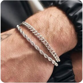 RANKEEF 2 Pcs Chain Bracelet for Men - 925 Sterling Silver Bracelet for Men 7-9inch Figaro Rope Cuban Link Bracelet Set for Men Fathers Day Gifts to Men Dad Husband Boyfriend