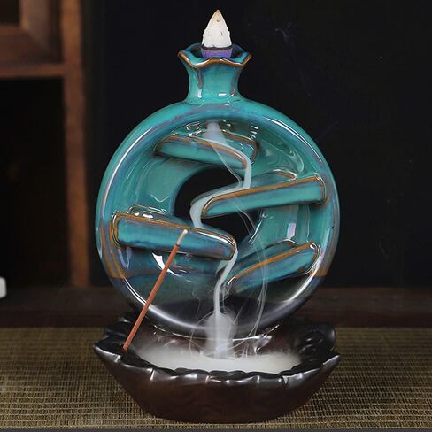 Backflow Incense Burner, Ceramic Waterfall Smoke Incense Holder with 40 Incense Cones+30 Incense Sticks+1 Tweezer+1 Mat, for Aromatherapy Meditation Home Decorations, Blue in Saudi Arabia